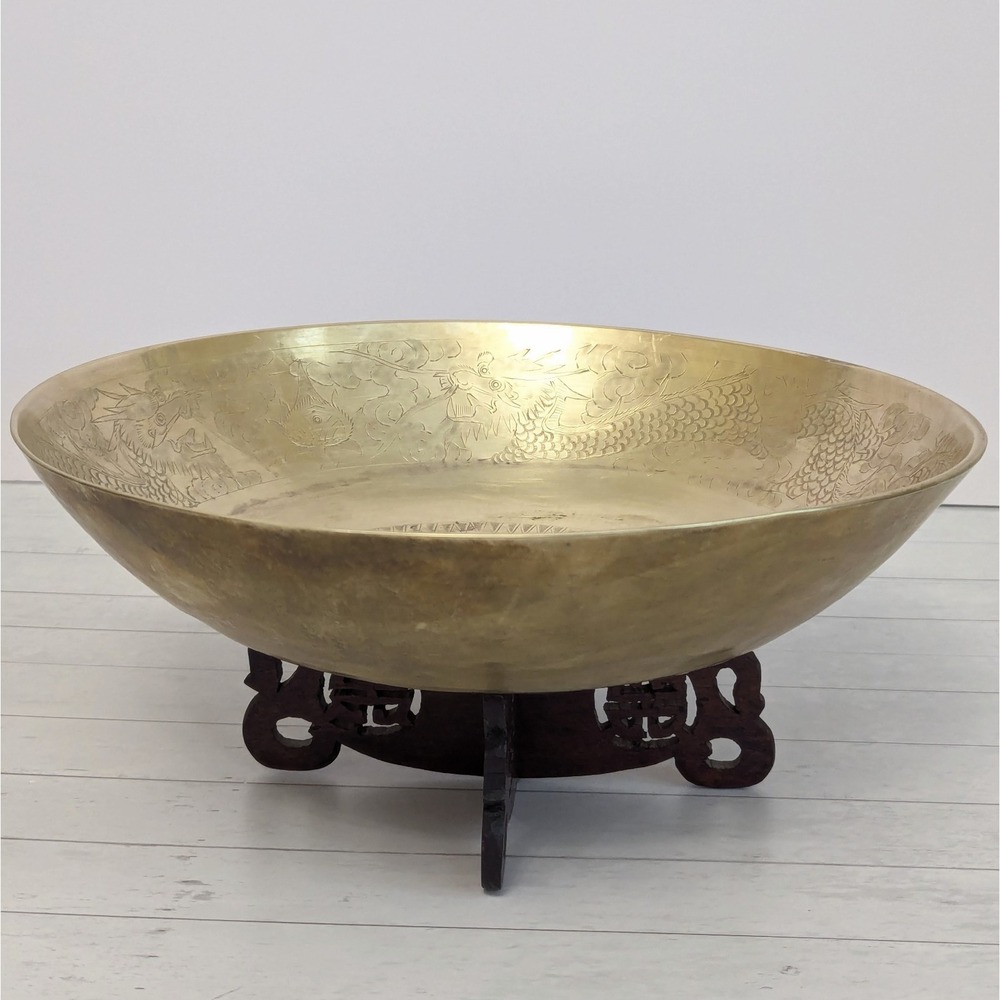 Vtg Hammered & Etched Chinese Brass Water Bowl Carved Wood Stand Asian Decor 12"